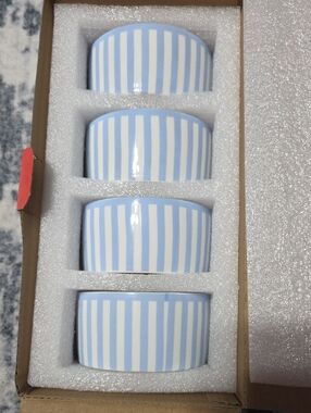 Blue and White Striped Ceramic Food Storage Bowls - Set of 4
